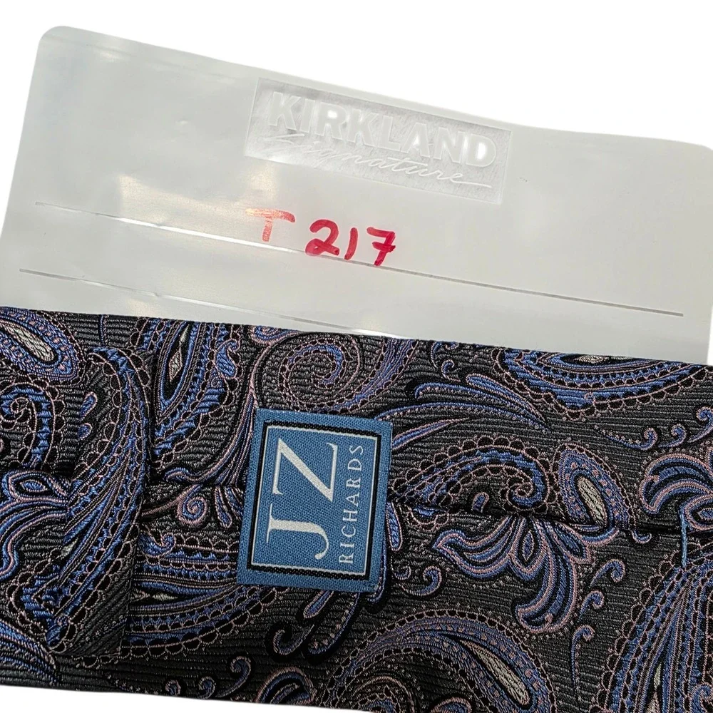 JZ Richards Mens Necktie Gray‎ Pink Blue Silk Paisley Handmade Embroidered USA